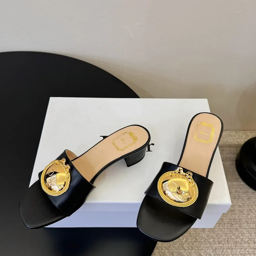 Dior Médaillon Buckle Heeled Slide Black Lambskin for Women Dior Médaillon Buckle Heeled Slide Black Lambskin for Women