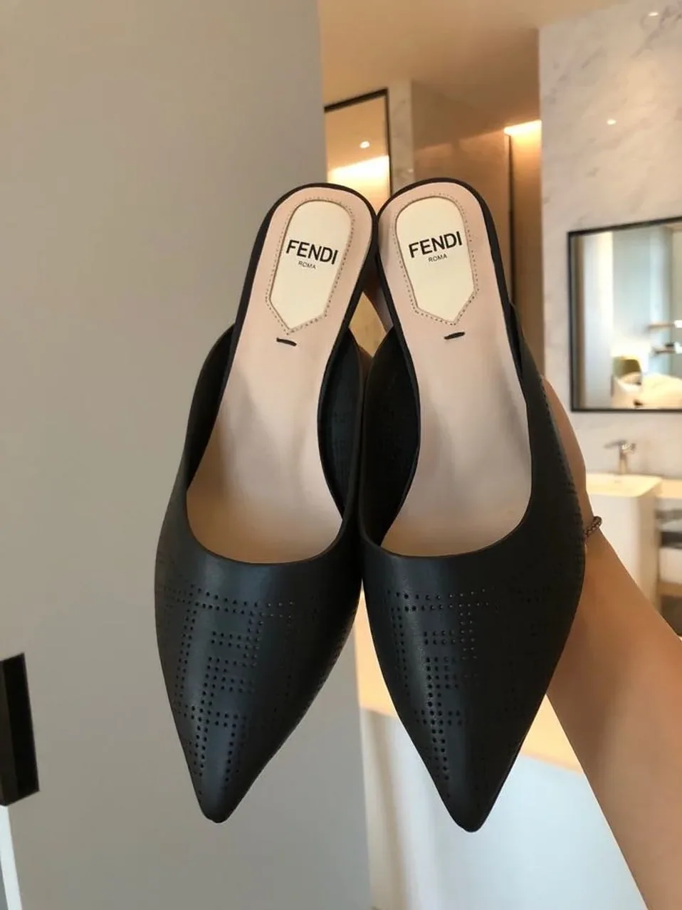 Fendi Colibri Perforated FF Sabot Mules Spring/Summer 2020 Collection, Black