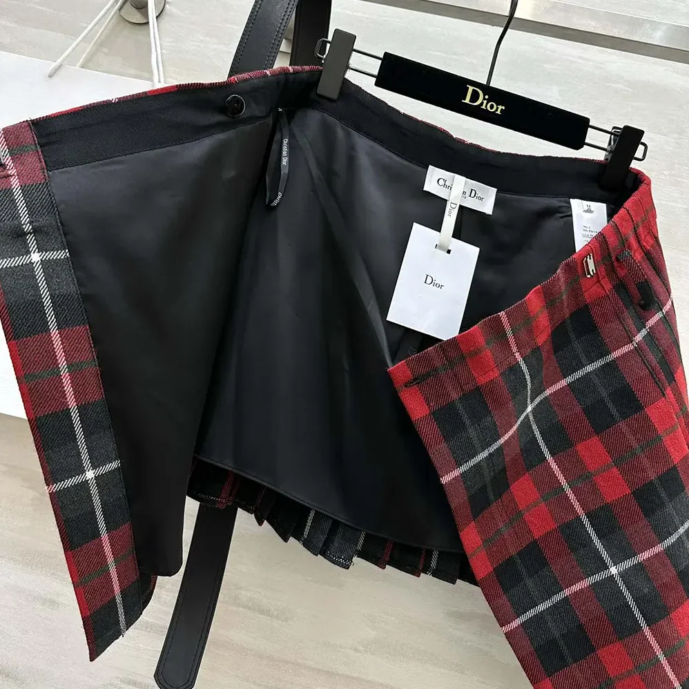 Dior Belted Short Kilt Red Gray and Black Check'n'Dior Virgin Wool for Women
