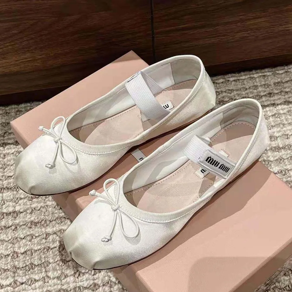Miu Miu Satin Ballerinas with Knit Logo Label for Women in White
