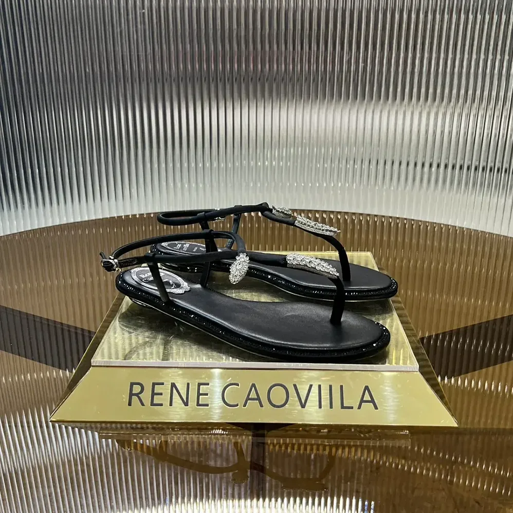 Rene Caovilla Serpente Black Thong Sandal 10 for Women