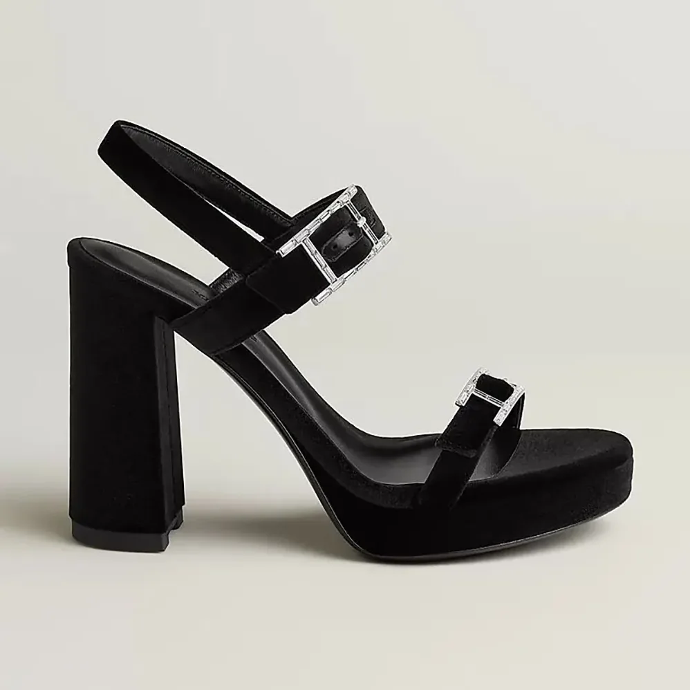 Hermes Bossa Sandal in Velvet Featuring a Hapi Buckle for Women in Black Hermes Bossa Sandal in Velvet Featuring a Hapi Buckle for Women in Black