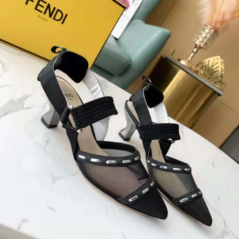 Fendi Colibri Black Mesh Medium-Heel Slingbacks with Metal Stitches for Women