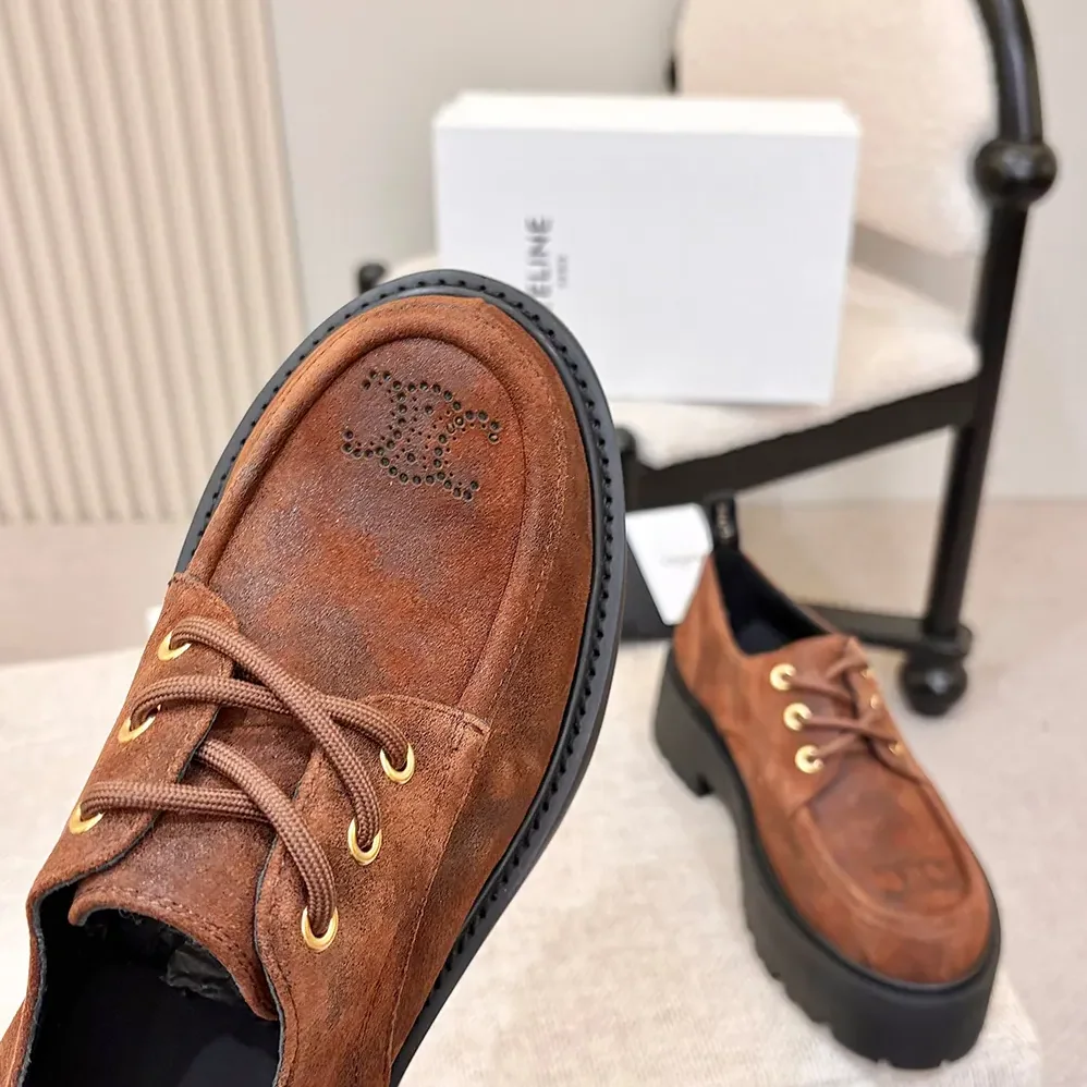 Celine Triomphe Derbies in Waxed Suede Calfskin for Women in Brown