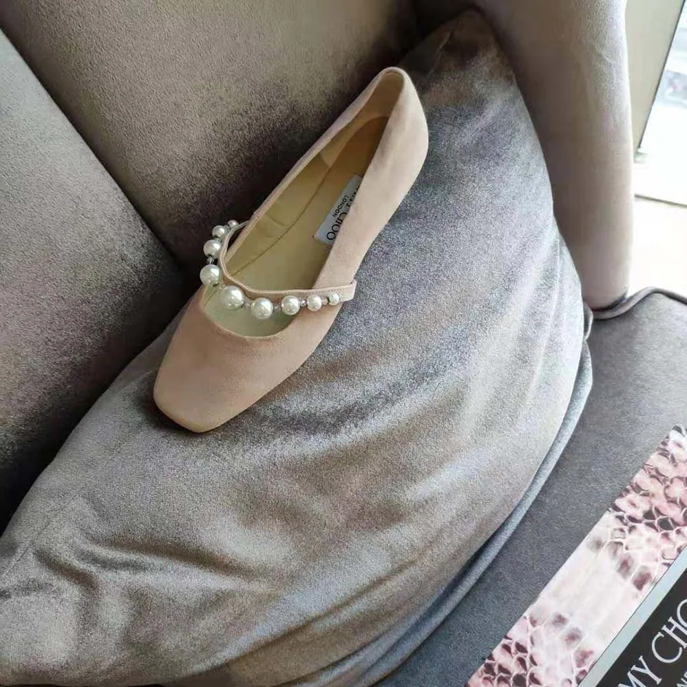 Jimmy Choo Ade Flat Ballet Pink Suede Flats with Pearl Embellishment for Women Jimmy Choo Ade Flat Ballet Pink Suede Flats with Pearl Embellishment for Women