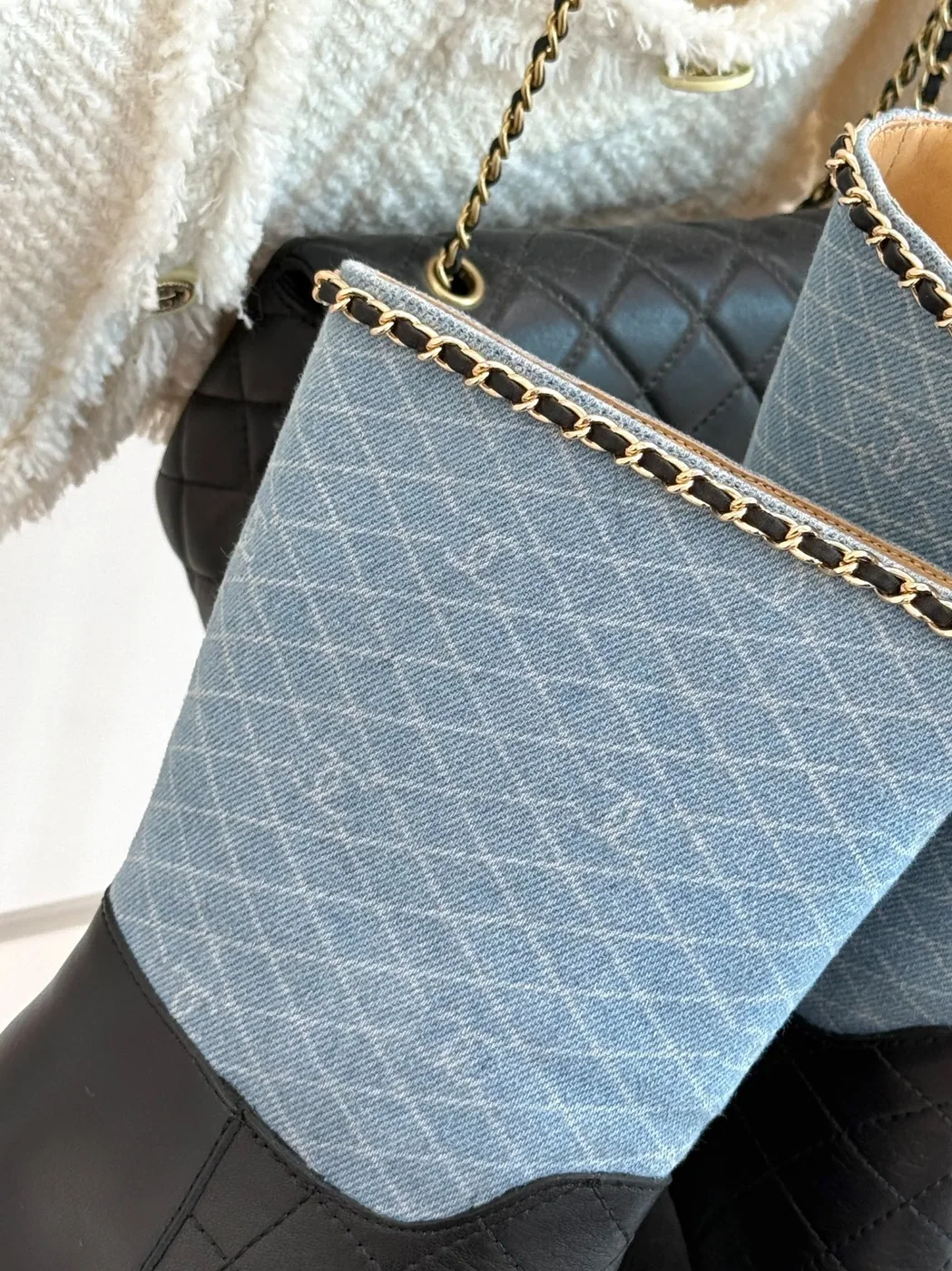 Chanel Double C Chunky Heel Boots With Chain Detail Light Blue Denim