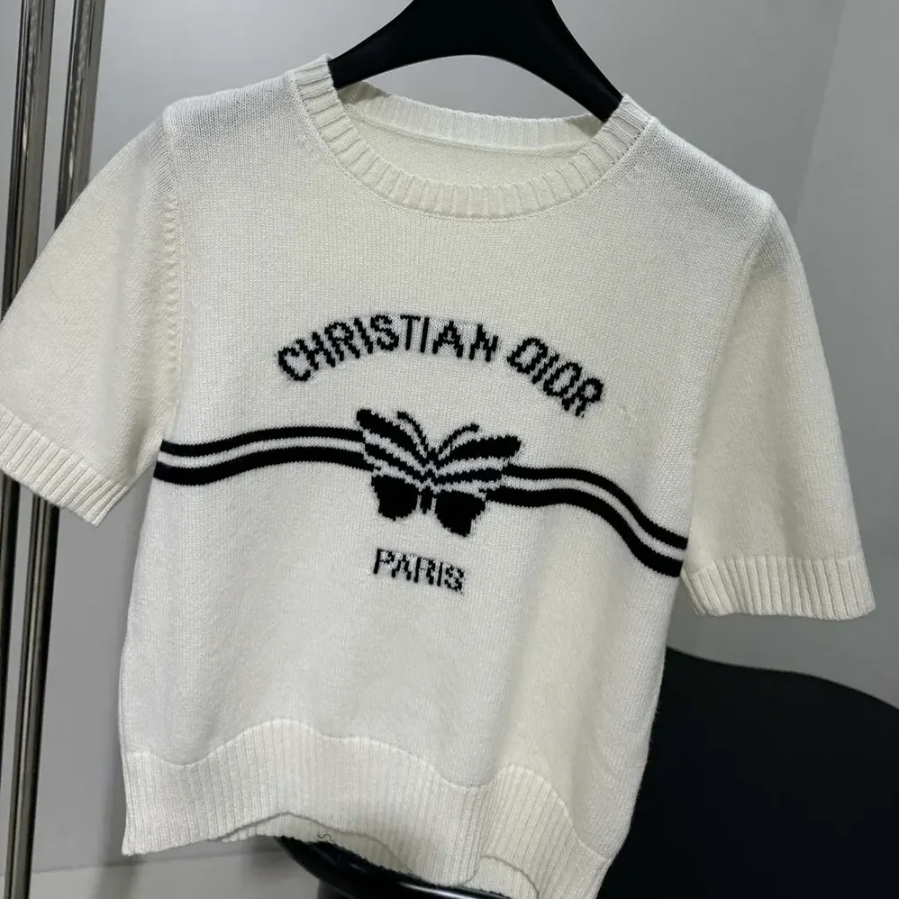 Dior Short-Sleeved Sweater White Cashmere Knit with Black Christian Dior Papillon Motif for Women