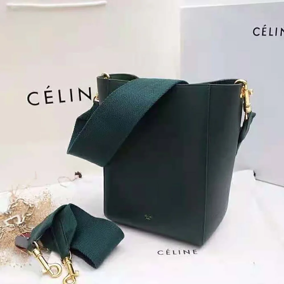 Celine Sangle Small Bucket Bag in Soft Grained Calfskin for Women in Green Celine Sangle Small Bucket Bag in Soft Grained Calfskin for Women in Green