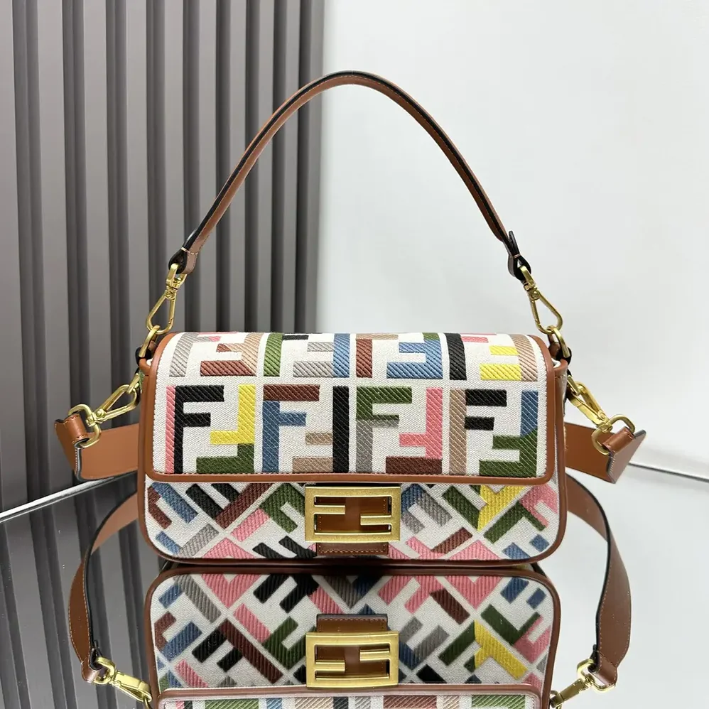 Fendi Baguette Canvas Bag with Multicolor FF Embroidery for Women