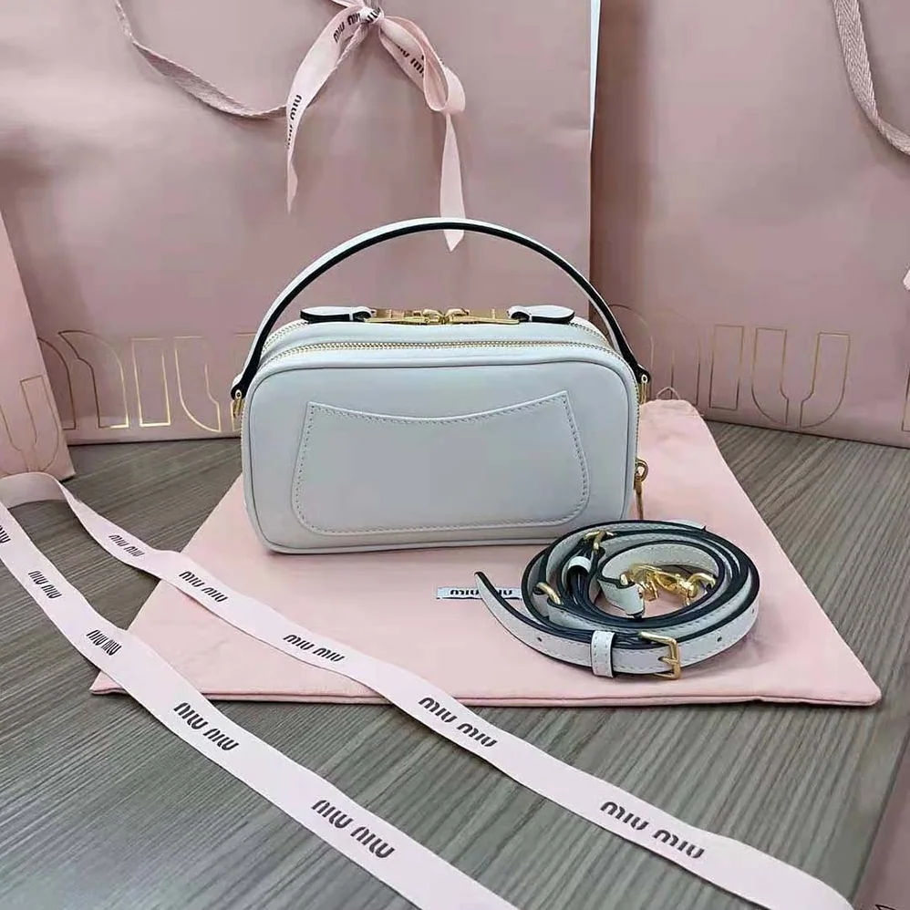 Miu Miu Arcadie Leather Bag with Metal Lettering Logo for Women in White Miu Miu Arcadie Leather Bag with Metal Lettering Logo for Women in White
