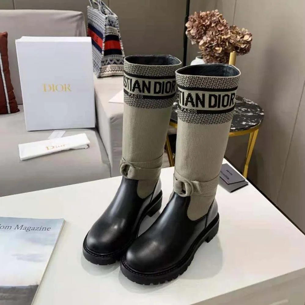 Dior D-major Boot Taupe and Black Technical Fabric and Black Calfskin for Women