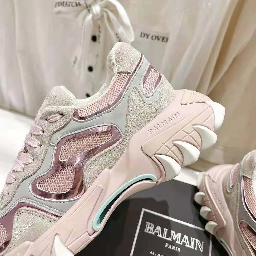 Balmain B-East Trainer in Leather Suede and Mesh for Women in Pink Balmain B-East Trainer in Leather Suede and Mesh for Women in Pink