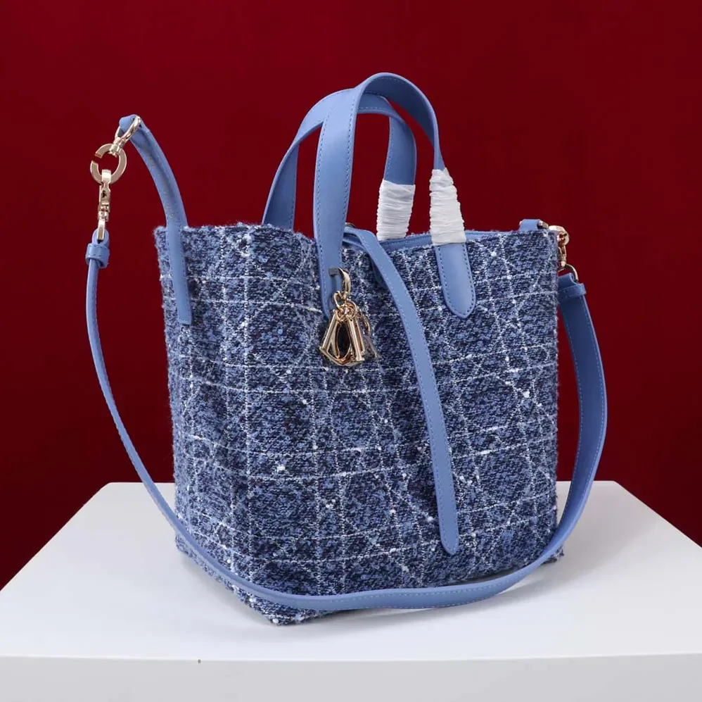 Dior Medium Dior Toujours Vertical Tote Bag Blue Tweed with White Cannage Motif for Women Dior Medium Dior Toujours Vertical Tote Bag Blue Tweed with White Cannage Motif for Women