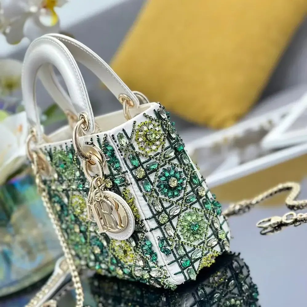 Dior Small Lady Dior Bag Metallic Calfskin and Satin with Celestial Green Bead Embroidery for Women Dior Small Lady Dior Bag Metallic Calfskin and Satin with Celestial Green Bead Embroidery for Women