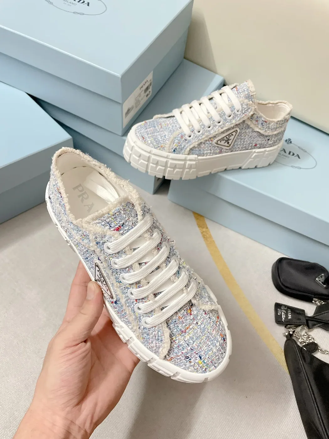 Prada Double Wheel Gabardine Sneakers Light Blue in PRD