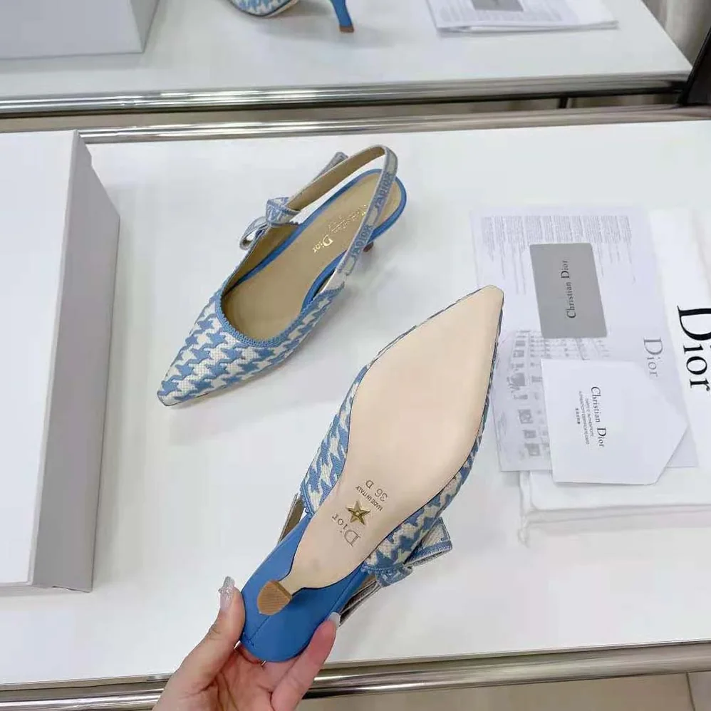 Dior J Adior Slingback Pump Cornflower Blue Cotton Embroidery with Micro Houndstooth Motif for Women Dior J Adior Slingback Pump Cornflower Blue Cotton Embroidery with Micro Houndstooth Motif for Women
