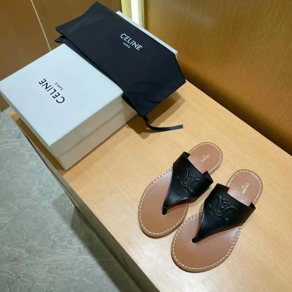 Celine Triomphe Flat Thong in Calfskin for Women in Black