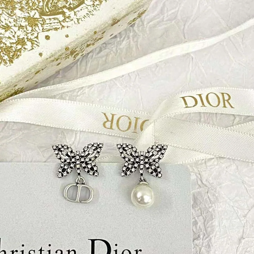 Dior Papillon De Nuit Earrings Antique Silver-Finish Metal with White Resin Pearl for Women
