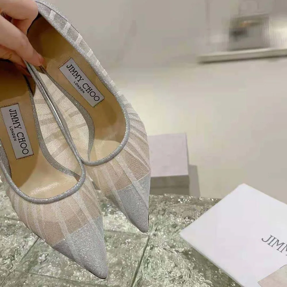 Jimmy Choo Love 100 Metallic Silver Glitter Fabric Pumps with Ivory Tulle Overlay for Women Jimmy Choo Love 100 Metallic Silver Glitter Fabric Pumps with Ivory Tulle Overlay for Women