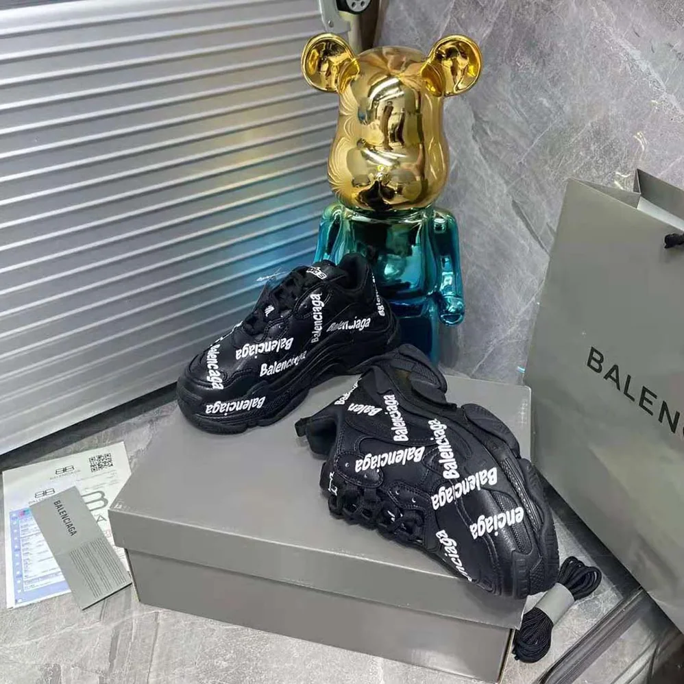 Balenciaga Triple S Logotype Sneaker in Black and White Technical Material for Women
