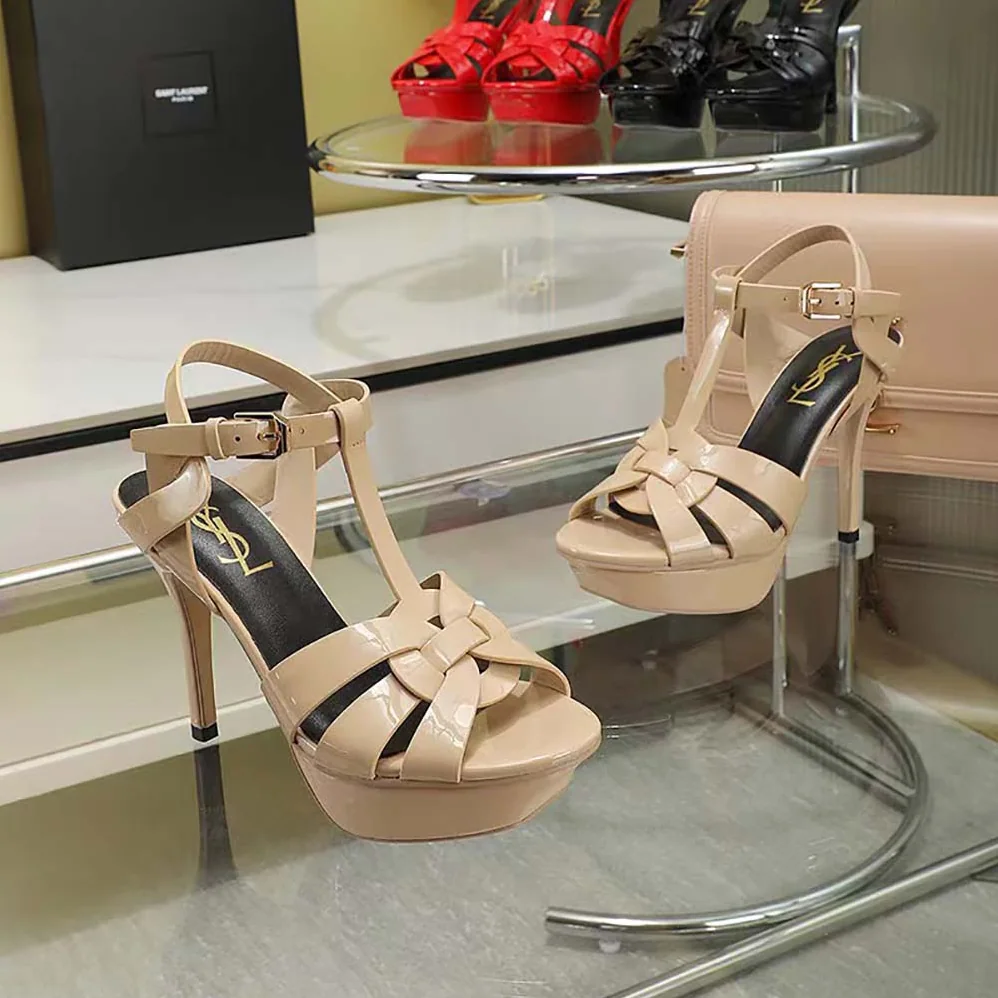 Saint Laurent YSL Tribute Platform Sandals in Smooth Leather for Women in Beige