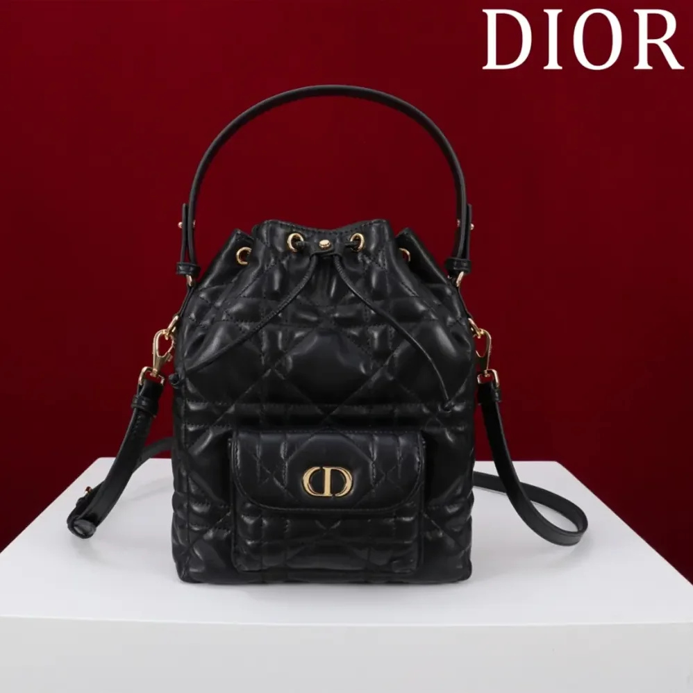 Dior Small Dior Caro Bucket Bag Black Macrocannage Lambskin for Women
