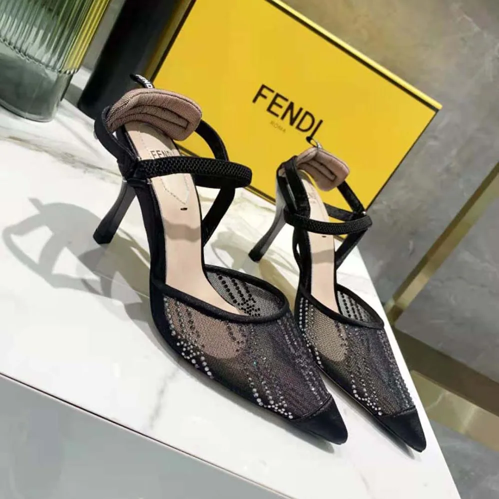 Fendi Colibri Black Mesh High-Heeled Slingbacks with Rhinestone Embroidery for Women Fendi Colibri Black Mesh High-Heeled Slingbacks with Rhinestone Embroidery for Women