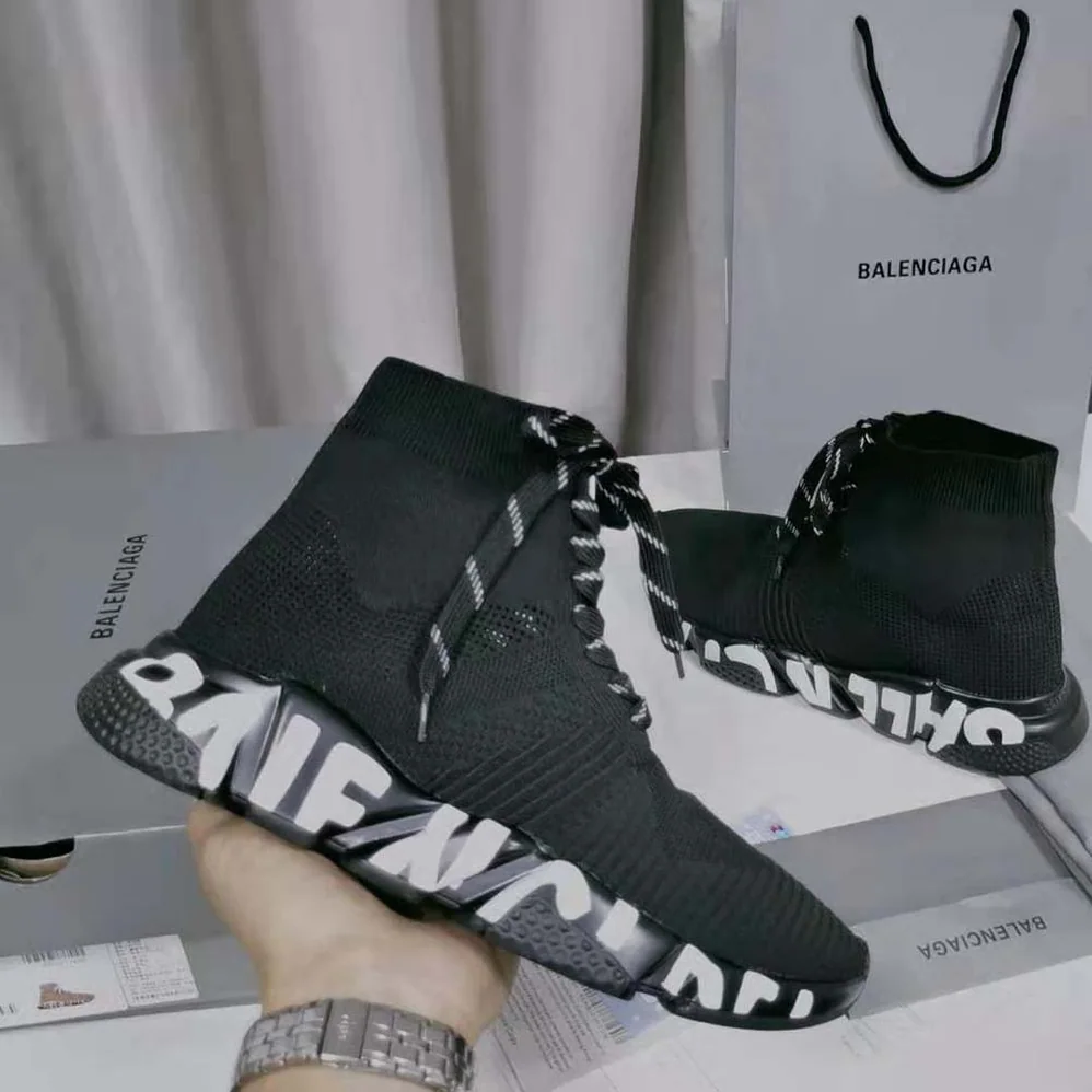 Balenciaga Speed Lace up Graffiti Sneaker in Black for Women in White Balenciaga Speed Lace up Graffiti Sneaker in Black for Women in White