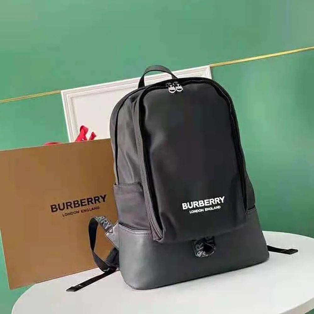 Burberry Large Logo Print Nylon and Leather Backpack for Women in Black