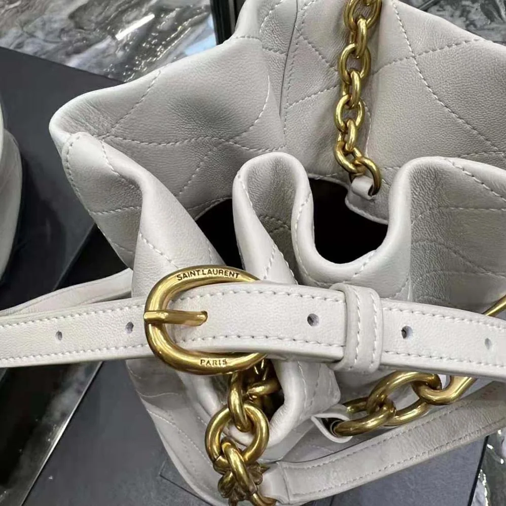 Saint Laurent YSL Le Maillon Hook Bucket Bag in Supple Leather for Women in White Saint Laurent YSL Le Maillon Hook Bucket Bag in Supple Leather for Women in White