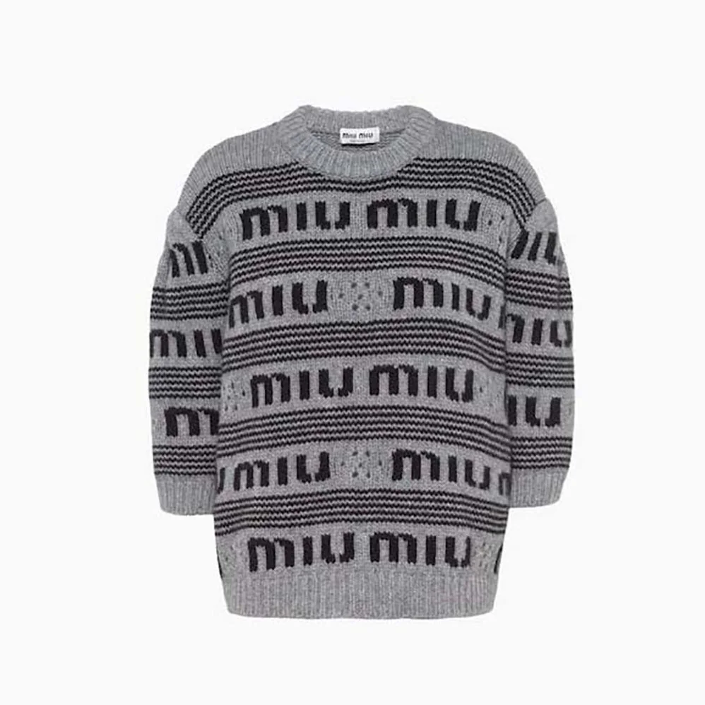 Miu Miu Cashmere Crew-Neck Sweater with Intarsia Knit Logo for Women in Gray