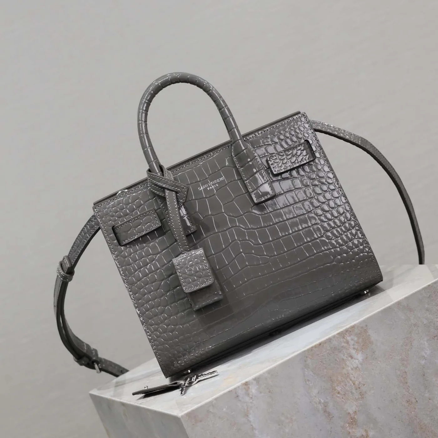 Saint Laurent YSL Sac De Jour in Crocodile Embossed Leather Nano for Women in Silver Saint Laurent YSL Sac De Jour in Crocodile Embossed Leather Nano for Women in Silver