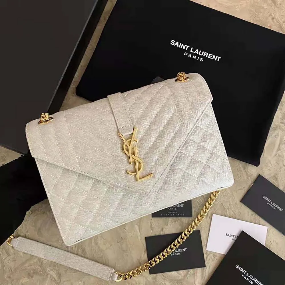 Saint Laurent YSL Envelope Medium Bag in Mix Matelasse Grain DE Poudre Embossed Leather for Women in White