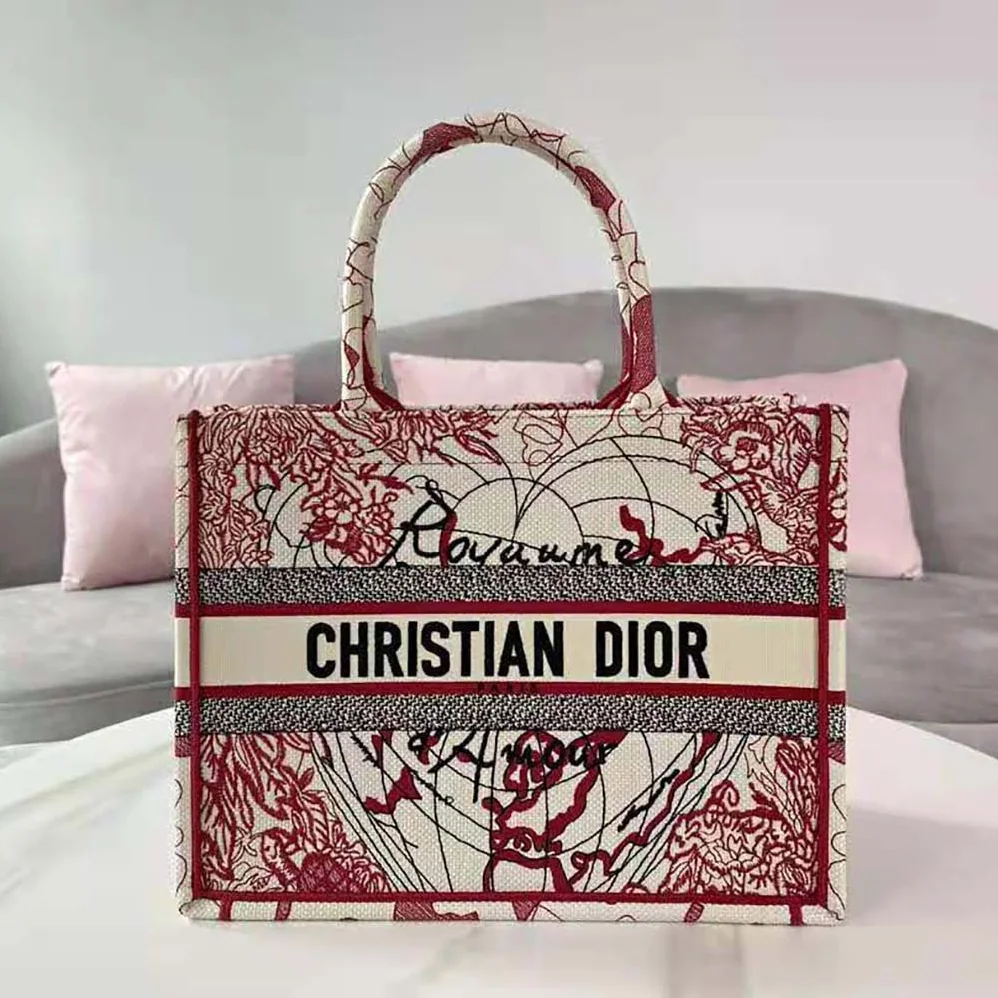 Dior Small Dior Book Tote Red and White D for Women in Royaume D Amour Embroidery