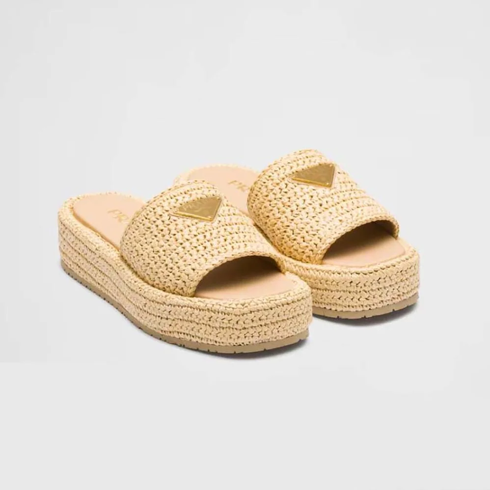 Prada Crochet Flatform Slides with Enameled Metal Triangle Logo for Women in Beige Prada Crochet Flatform Slides with Enameled Metal Triangle Logo for Women in Beige
