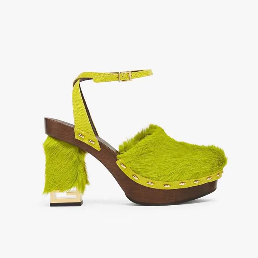 Fendi Baguette Show Green Pony Hair High for Women in Heeled Clogs Fendi Baguette Show Green Pony Hair High for Women in Heeled Clogs