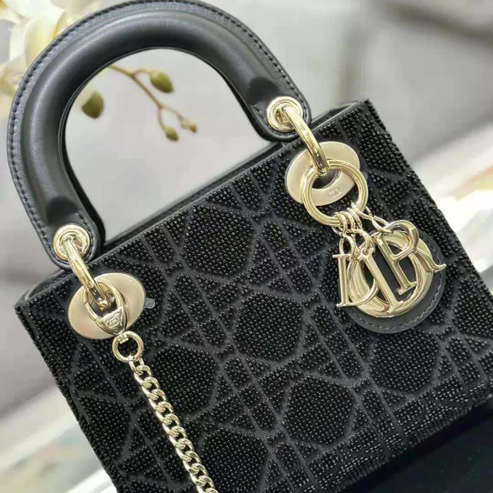 Dior Mini Lady D-joy Bag Black Cannage Cotton with Micropearl Embroidery for Women Dior Mini Lady D-joy Bag Black Cannage Cotton with Micropearl Embroidery for Women