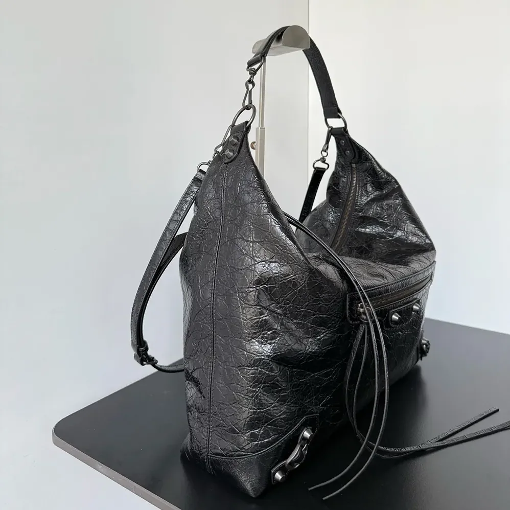 Balenciaga Le City Hobo Bag Medium in Black Arena Lambskin Brass Hardware for Women