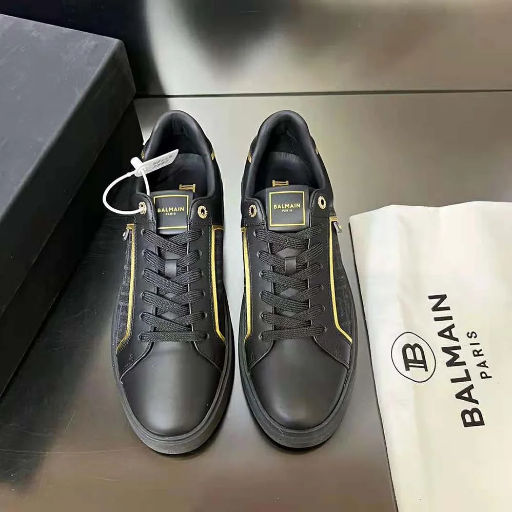 Balmain B-court Monogrammed Nylon and Leather Trainers for Unisex in Black Balmain B-court Monogrammed Nylon and Leather Trainers for Unisex in Black