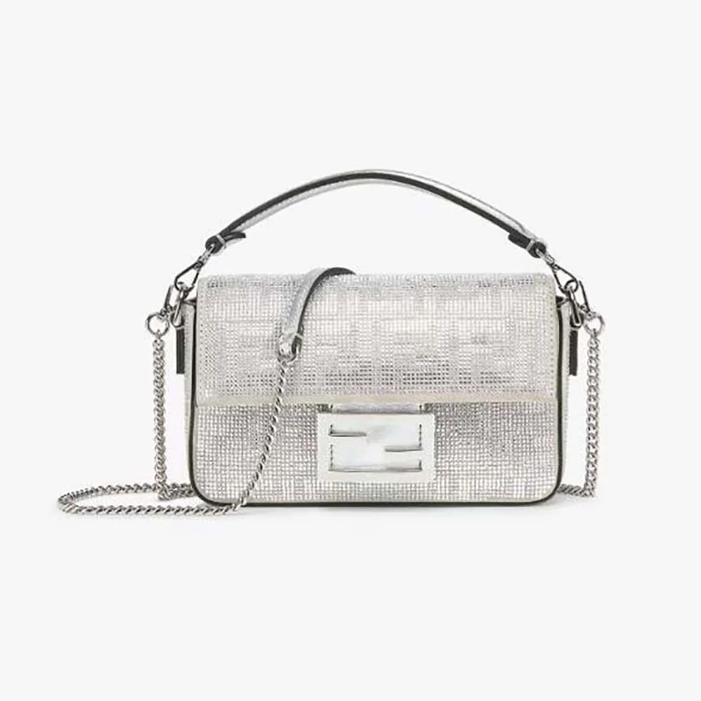 Fendi Baguette Mini Silver Leather Bag with Crystal FF Motif for Women Fendi Baguette Mini Silver Leather Bag with Crystal FF Motif for Women