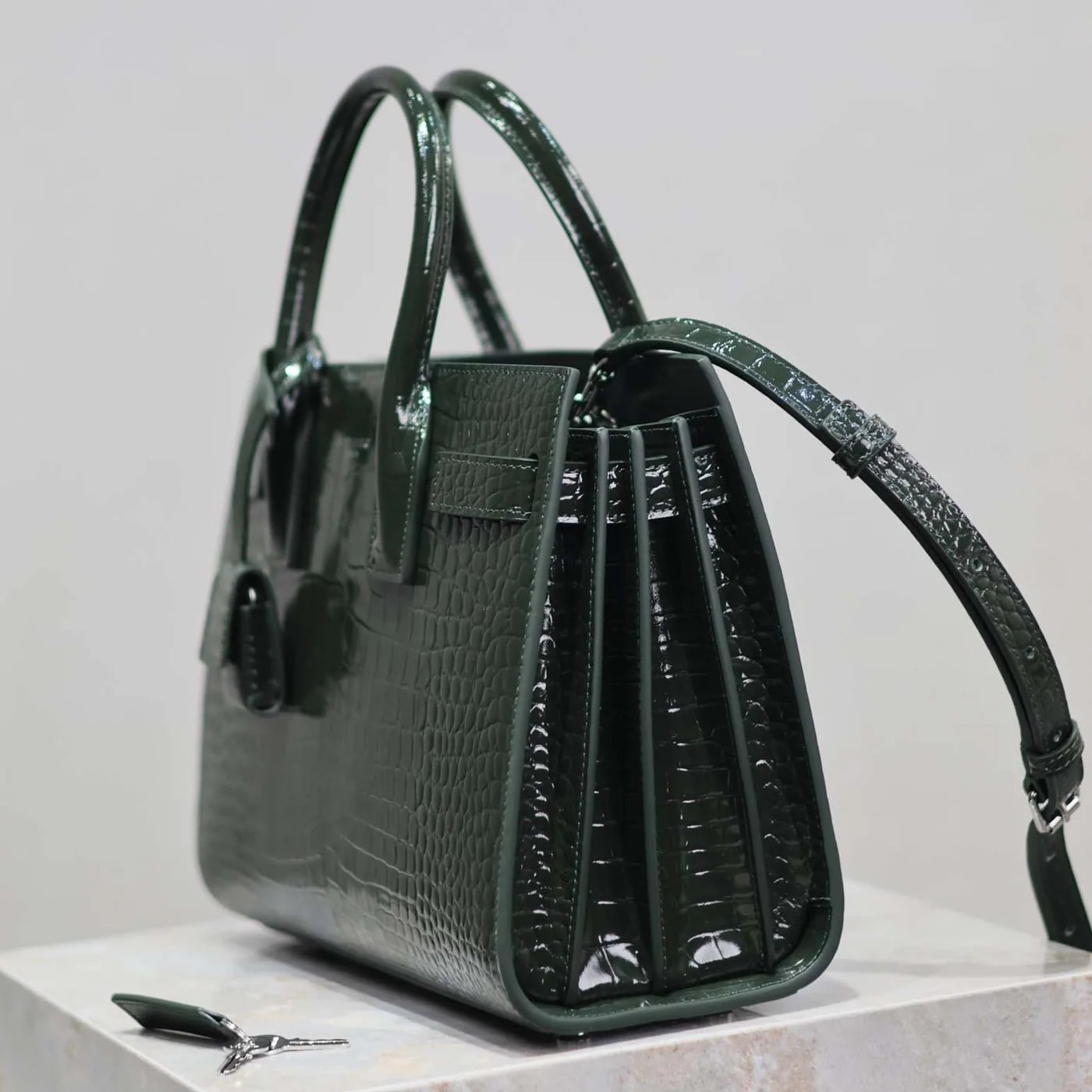 Saint Laurent YSL Sac De Jour in Embossed Crocodile Leather Baby for Women in Dark Green