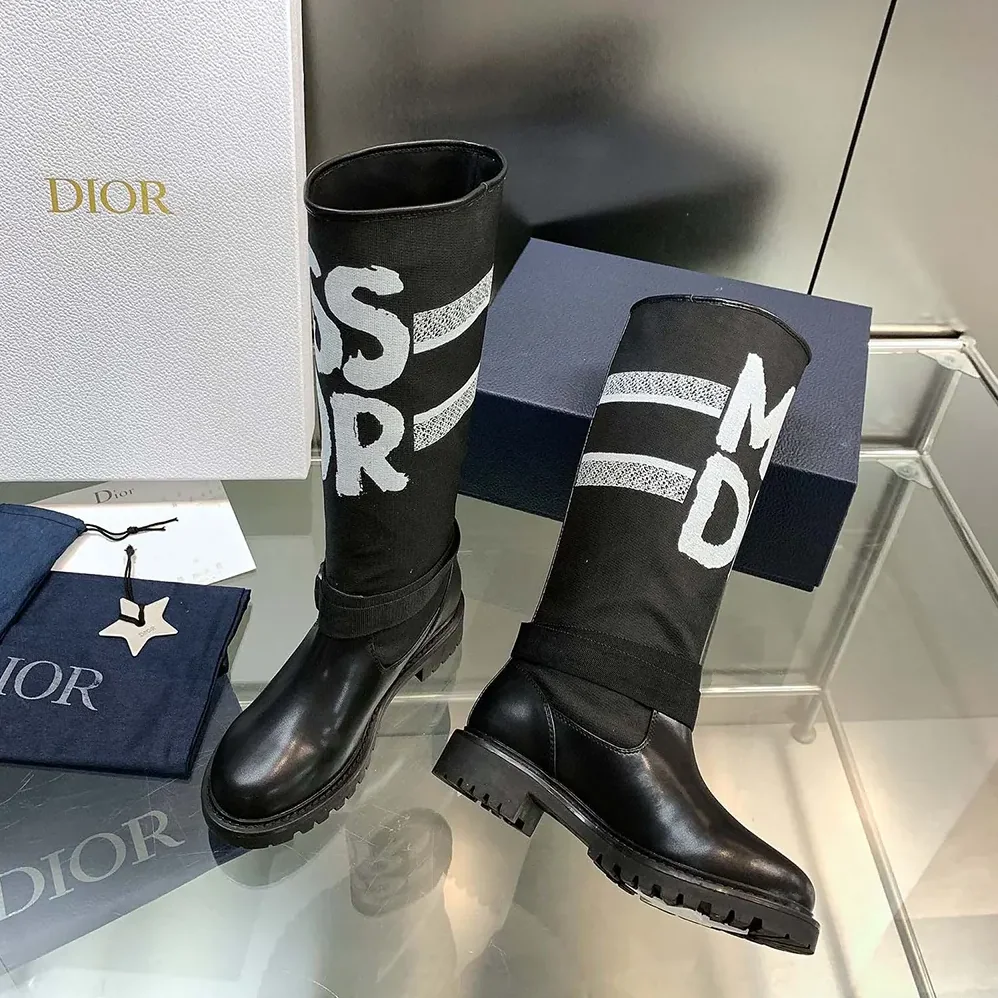 Dior D-Major Boot Black Technical Fabric with White Miss Dior Graffiti Print for Women