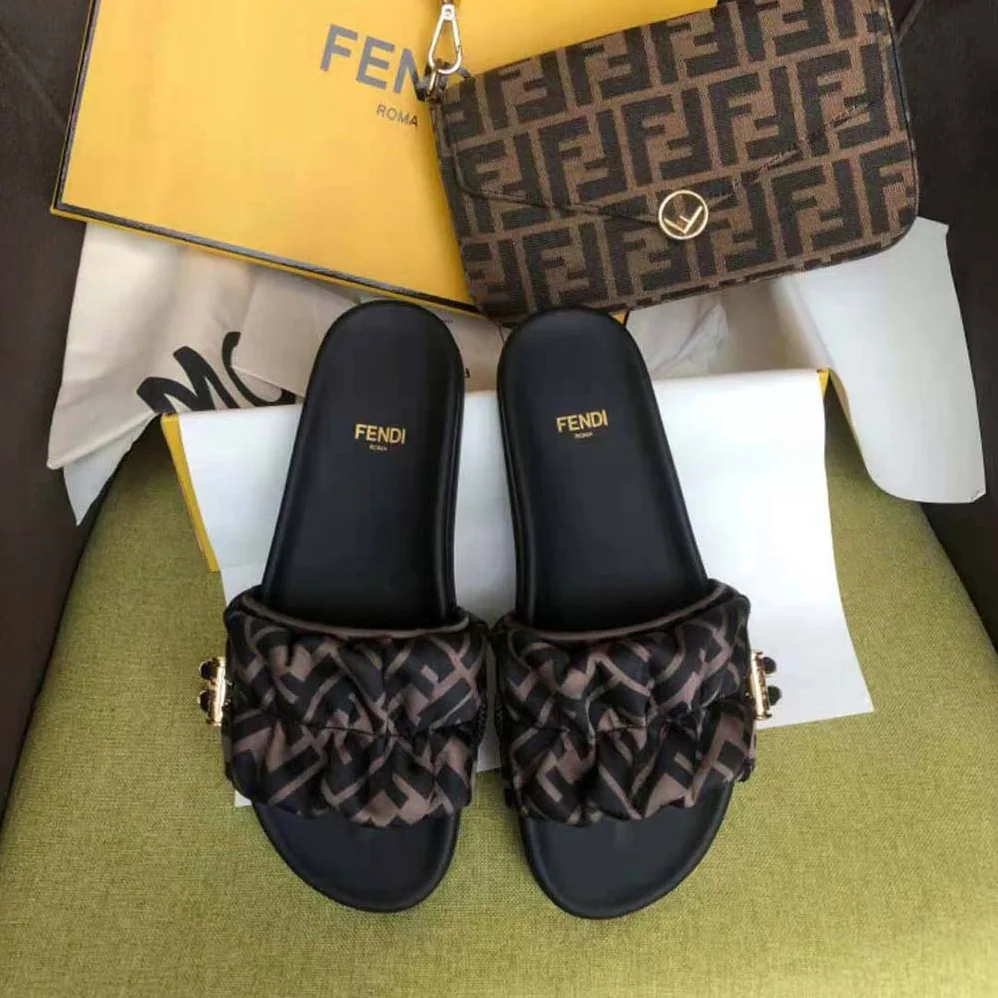 Fendi Vertigo Brown Satin Slides for Women