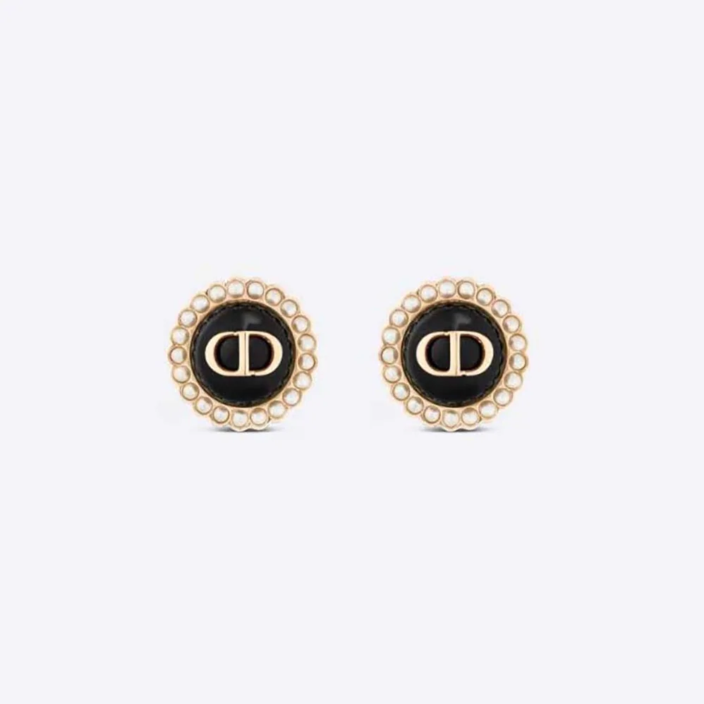 Dior Petit CD Studs Earrings Gold-Finish Metal and White Resin Pearls with Black Glass for Women