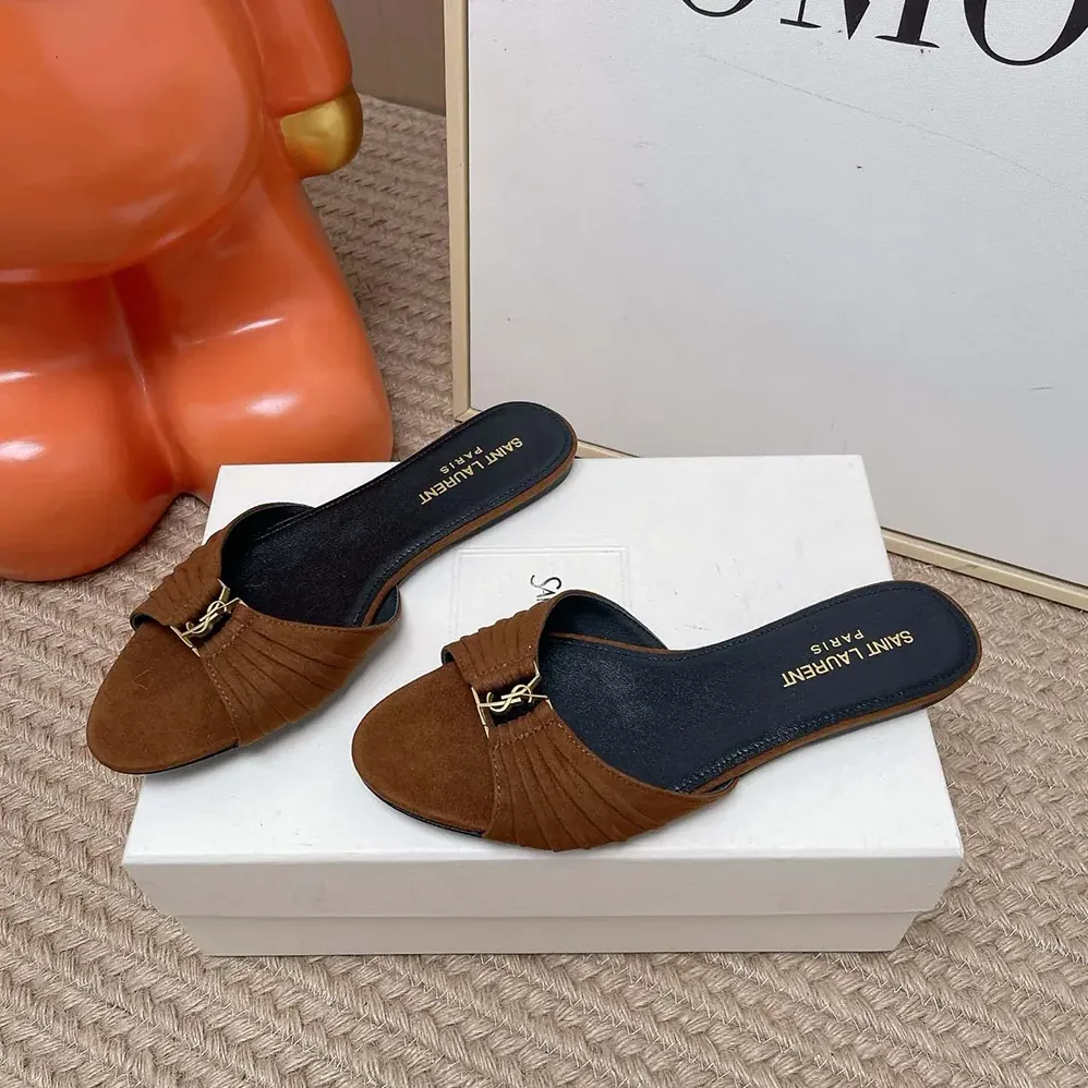 Saint Laurent YSL Babylone Slides In Suede Dark Brown for Women