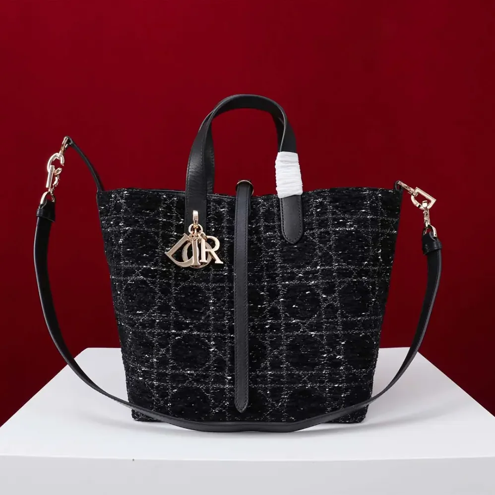 Dior Medium Dior Toujours Vertical Tote Bag Black Tweed with White Cannage Motif for Women Dior Medium Dior Toujours Vertical Tote Bag Black Tweed with White Cannage Motif for Women