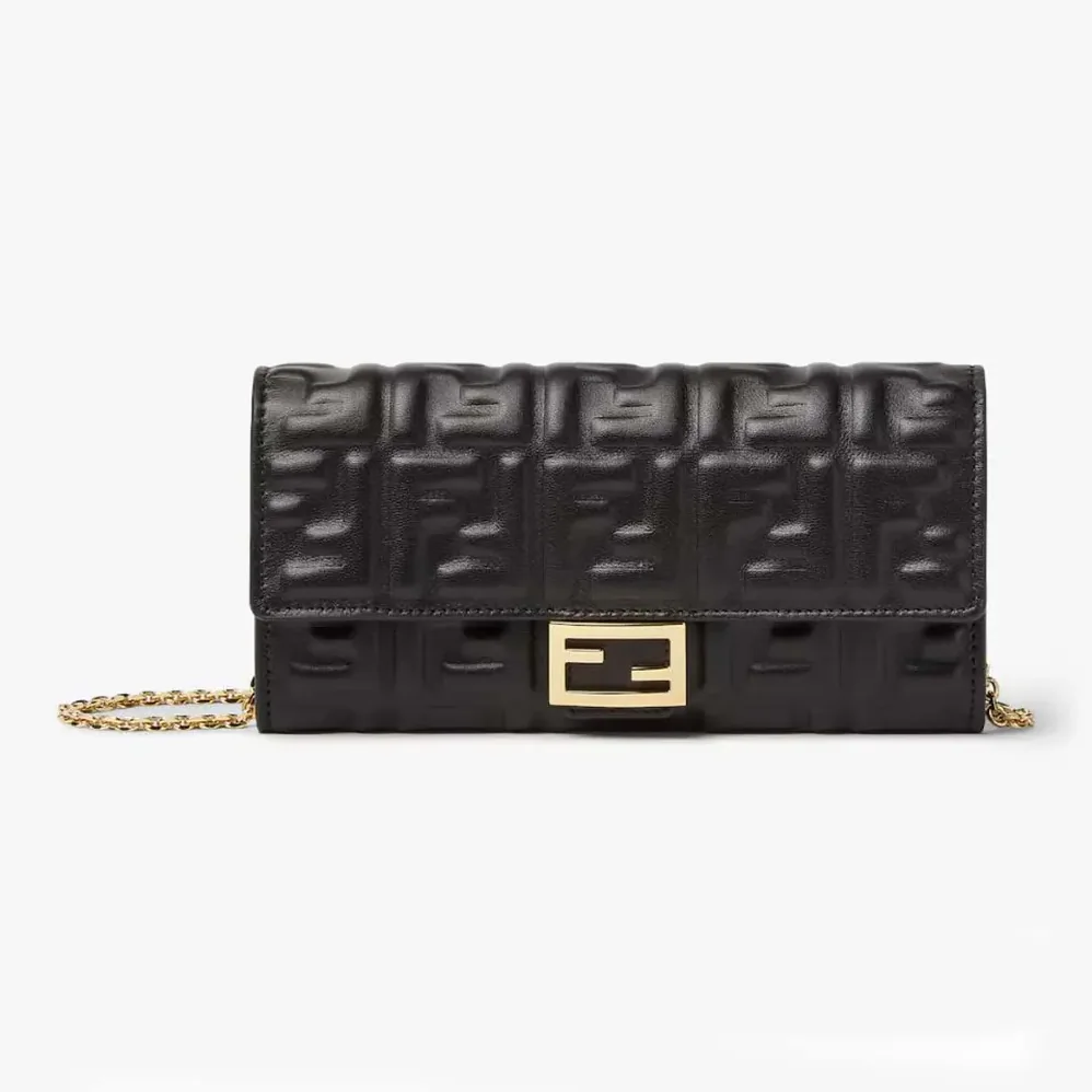 Fendi Baguette Continental Wallet With Chain Black Nappa Leather Wallet for Women