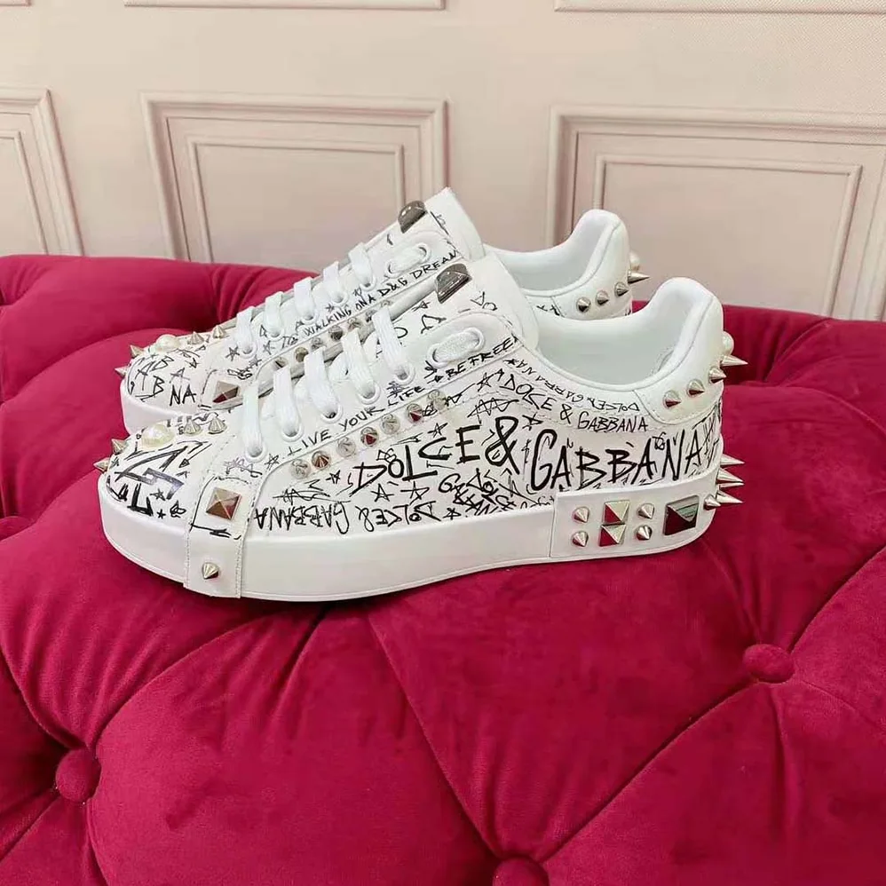 Dolce Gabbana D&G Calfskin Nappa Portofino Sneakers with Studs for Unisex in White Dolce Gabbana D&G Calfskin Nappa Portofino Sneakers with Studs for Unisex in White