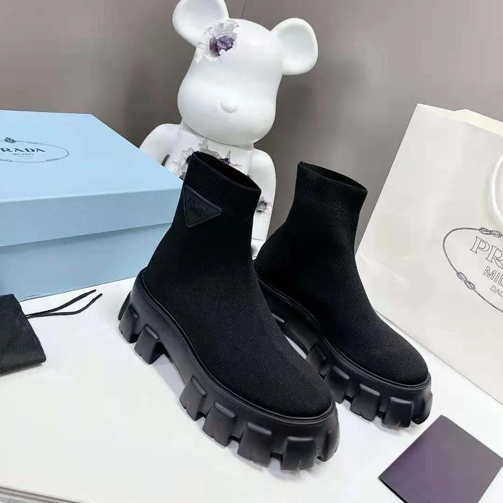 Prada Monolith Knit Booties with Embossed Rubber Triangle Logo for Women Prada Monolith Knit Booties with Embossed Rubber Triangle Logo for Women