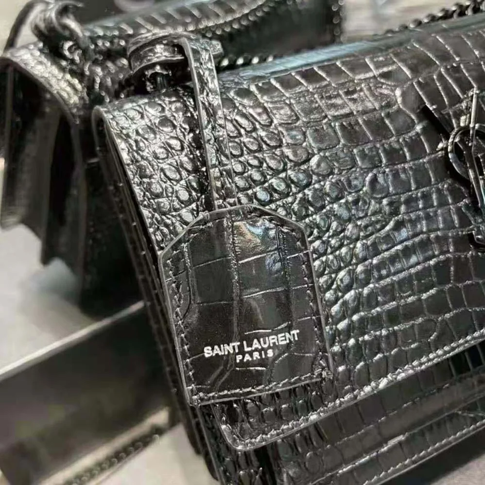 Saint Laurent YSL Sunset Medium in Crocodile Embossed Shiny Leather for Women in Black